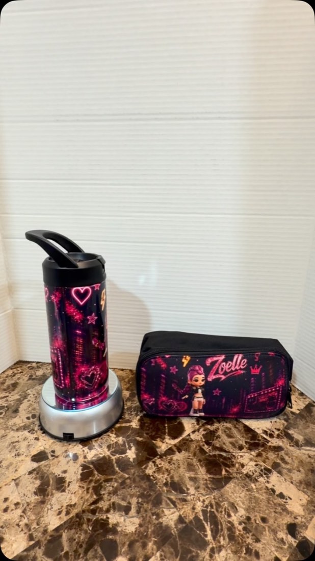 Matching personalized lunch bag, pencil bag and tumbler